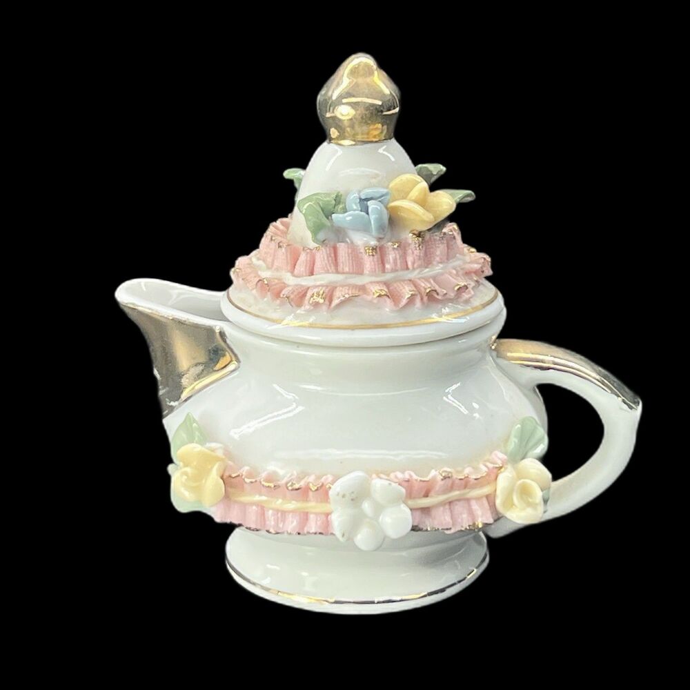 Adorable Rose Garden 4.5” Creamer w/ Lid -Gold Accents, Blue/Pink Raised Flowers